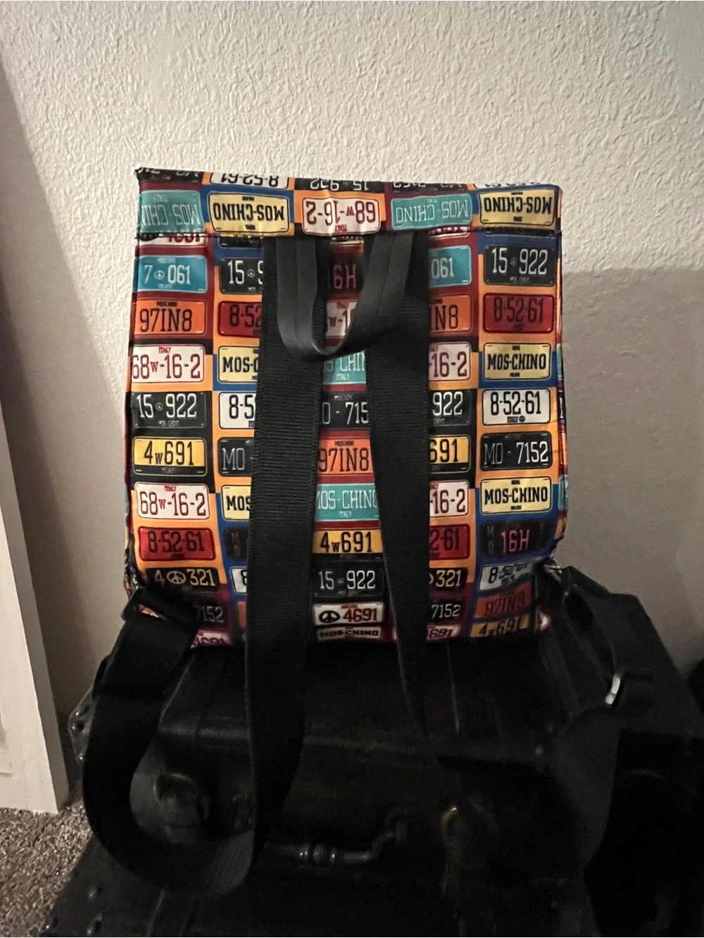 Moschino Multicolor License Plate Print Backpack in Orange, Blue, Yellow, Red